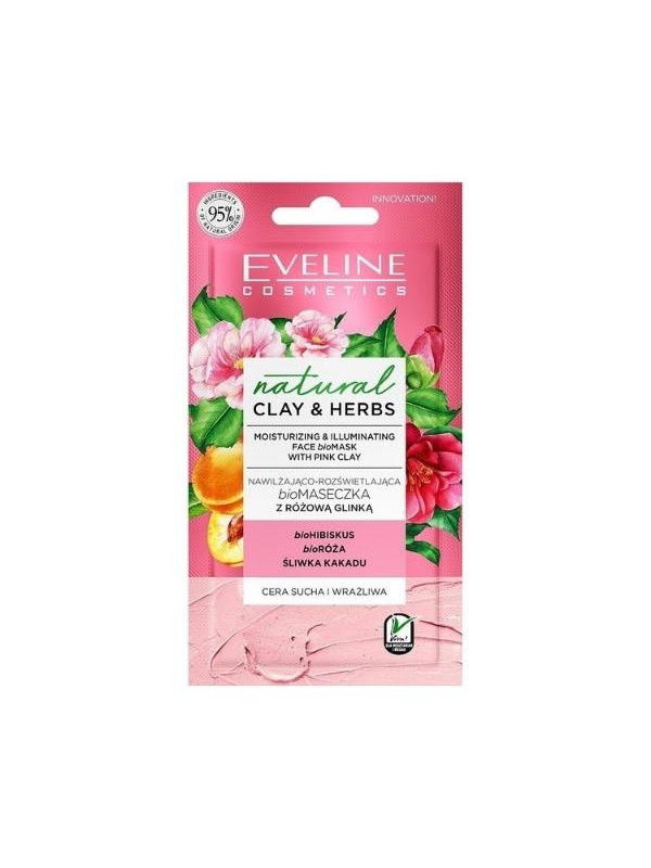 Eveline Natural Clay & Herbs зволожуюча та освітлююча біомаска з рожевою глиною 8 мл