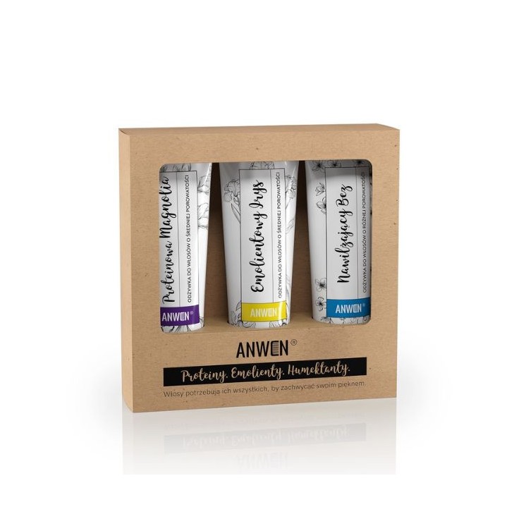 Anwen Zestaw Odżywek do włosów o średniej porowatości Nawilżający Bez, Emolintowy Irys, Proteinowa Magnolia 3x100 ml