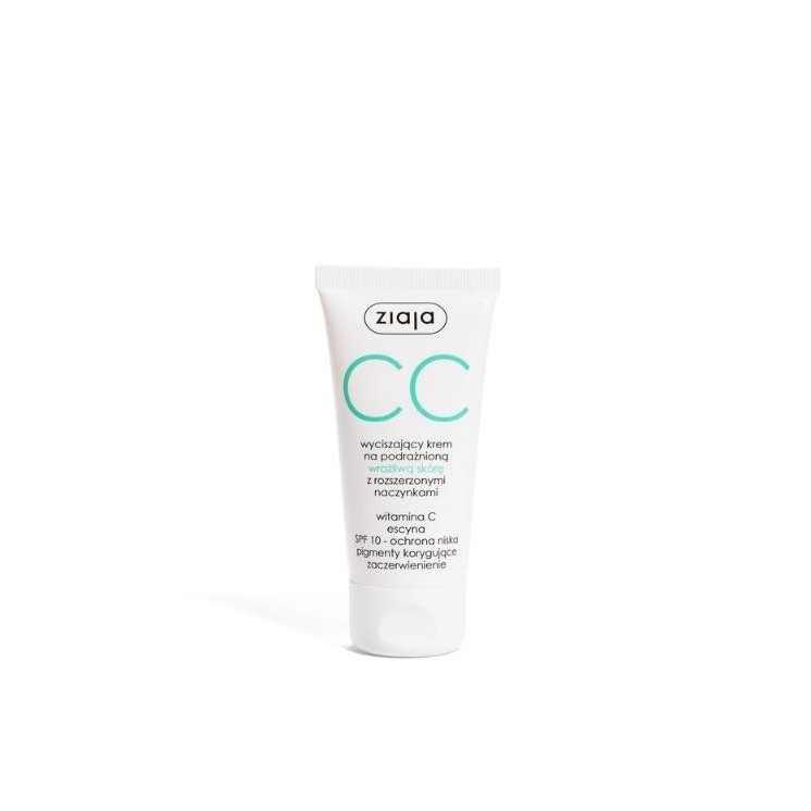 Ziaja CC Kalmerende gezichtscrème voor geïrriteerde, gevoelige huid met verwijde haarvaten SPF10 lage bescherming, 50 ml
