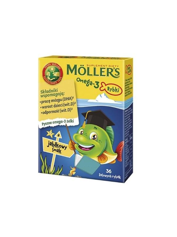 Moller's Omega-3 норвезька риб'яча олія зі смаком яблука, дієтична добавка до 36 гелевих риб