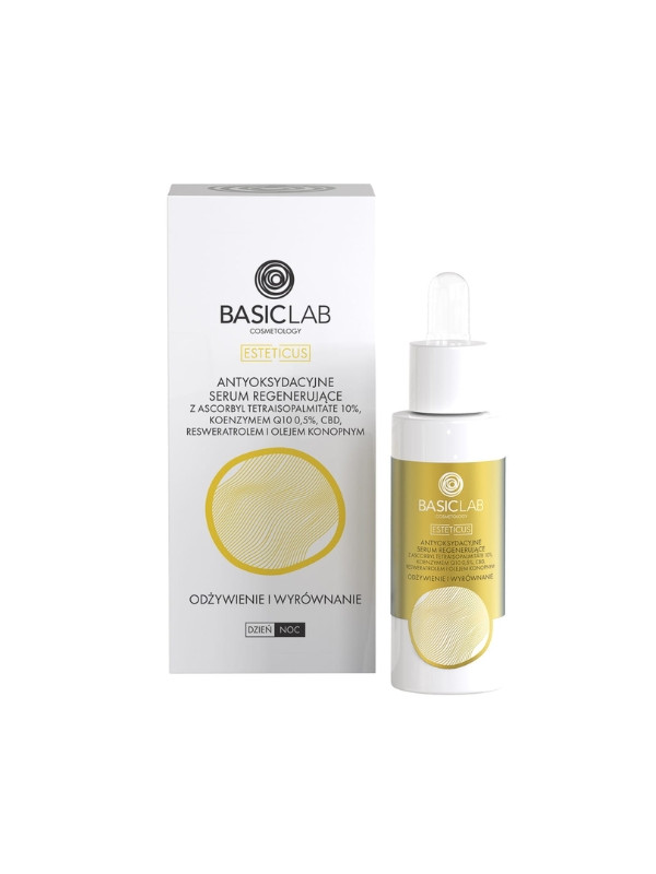 BasicLab Esteticus Антиоксидантна регенеруюча Serum для обличчя з 10% Ascorbyl Retraisopelitate, 5 % Coenzyme Q10, CBD , Reswer