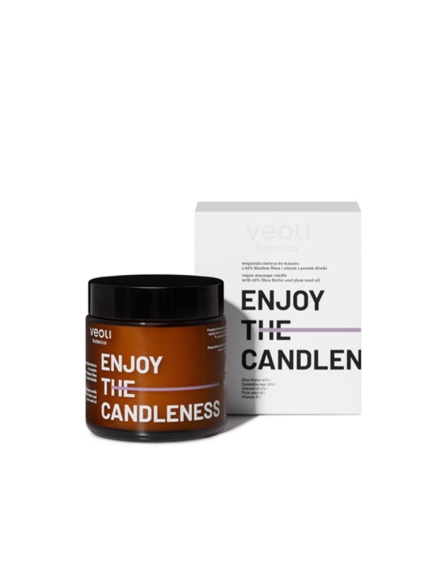 Veoli Botanica Genießen Sie die vegane Körpermassagekerze Candleness mit 40 % Sheabutter und Pflaumenkernöl, 100 ml