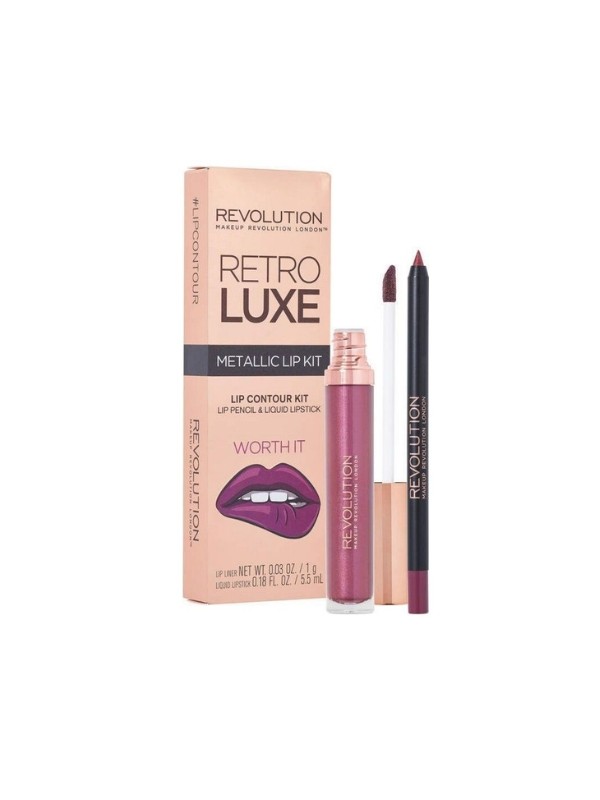 Makeup Revolution Retro Luxe Metallic Lip Kit Zestaw do makijażu ust Worth It: Błyszczyk 5,5 ml + Kredka do ust 1 g