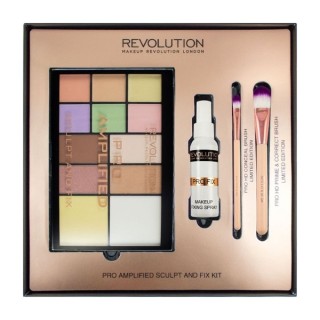 Makeup Revolution Amplified Sculpt and Fix Kit Geschenkset: 12 Lidschattenpaletten, Make-up-Fixierer und Make-up-Pinsel