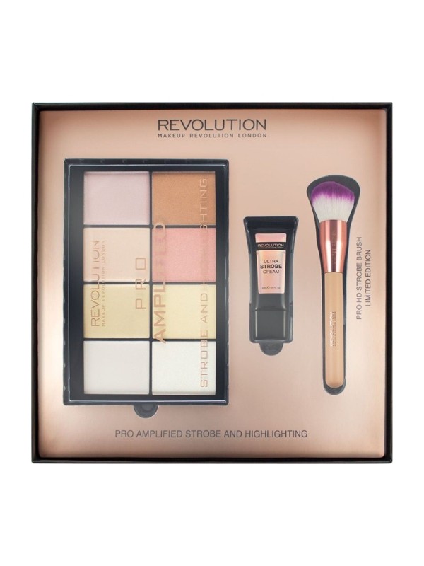 Makeup Revolution -Geschenkset: Highlighter-Lidschatten-Palette, Creme-Grundierung, Highlighter-Pinsel