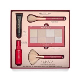 Revolution Highlight Glow Kit: Palet van 8 highlighters, setting spray, lipgloss en 2 make-up kwasten