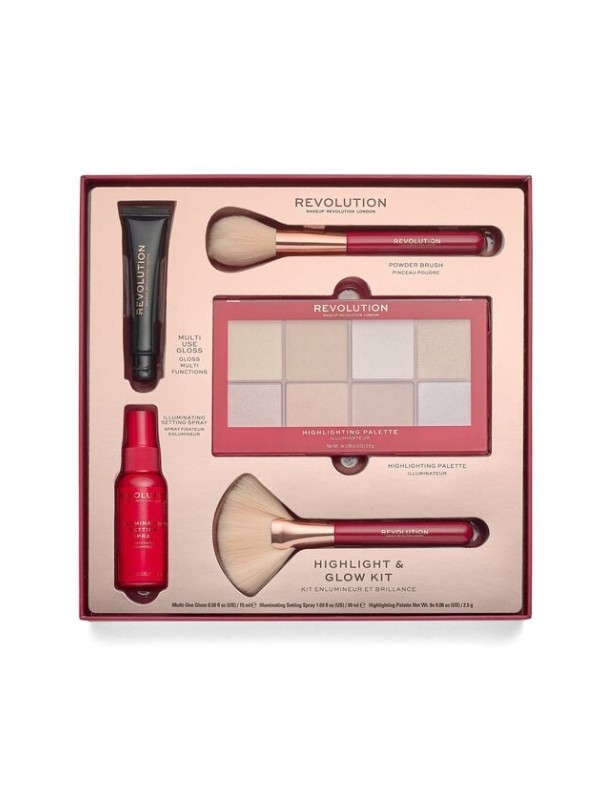 Revolution Highlight Glow Kit: Palette mit 8 Textmarkern, Fixierspray, Lipgloss und 2 Make-up-Pinseln