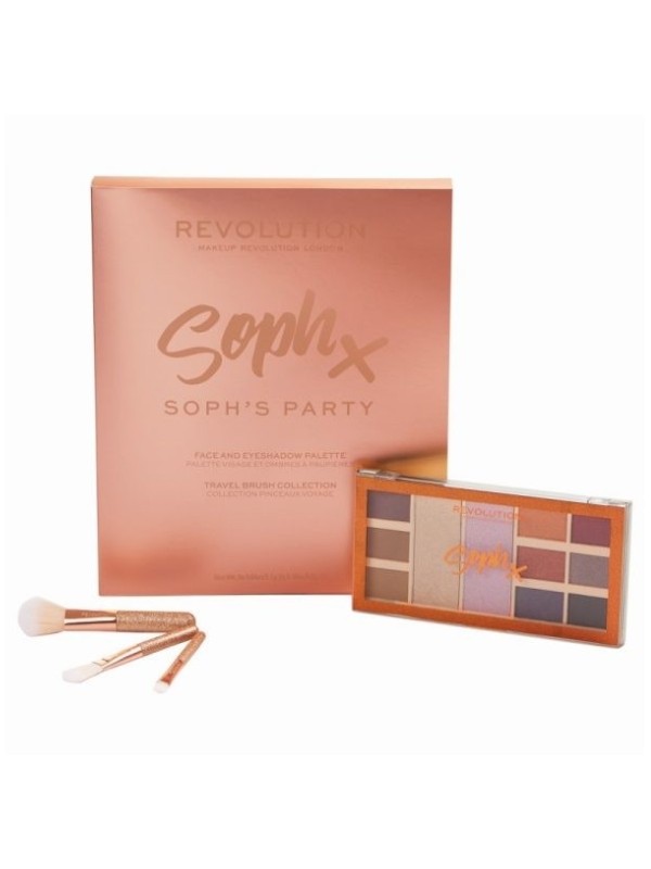 Geschenkset der Revolution Party Soph Collection: Palette mit 11 Lidschatten und 3 Make-up-Pinseln