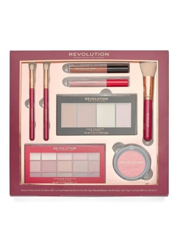 Revolution Reloaded Geschenkset: Lidschattenpalette, Gesichtspalette, Rouge, 2 Lipgloss und 3 Make-up-Pinsel