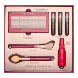 Revolution Sculpt Correct Kit Geschenkset: Konturpalette, Concealer in 3 Farbtönen, Fixierer und 2 Puderpinsel