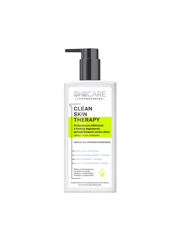 SheCare Clean Skin Therapy Probiotische Körperemulsion mit der Funktion, Hautläsionen nach Akne zu lindern, 225 ml