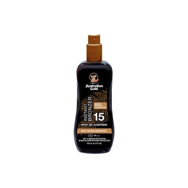 Le gel en spray Australian Gold SPF avec bronzant protège contre les UVA/UVB, si rapidement, hydrate et intensifie l'effet d'un 