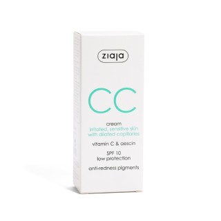 Ziaja CC Kalmerende gezichtscrème voor geïrriteerde, gevoelige huid met verwijde haarvaten SPF10 lage bescherming, 50 ml