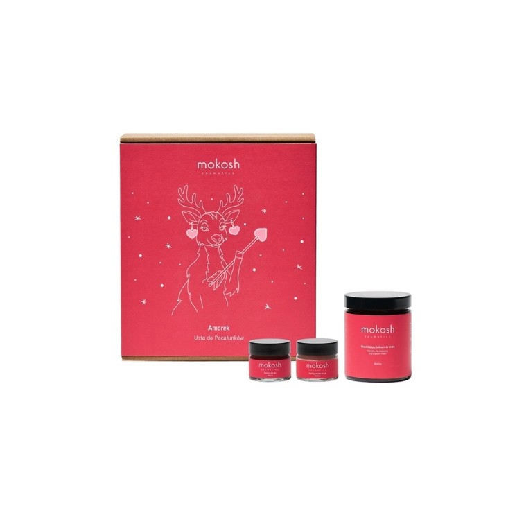 Mokosh Amor Kissable Lips Gift Set: Lip Balm 15ml + Lip Peeling Mask 15ml + Body Balm 180ml